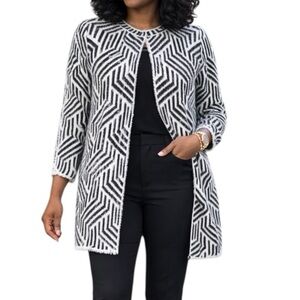 Sioni Medium Black & White Geometric Long Cozy Cardigan Sweater